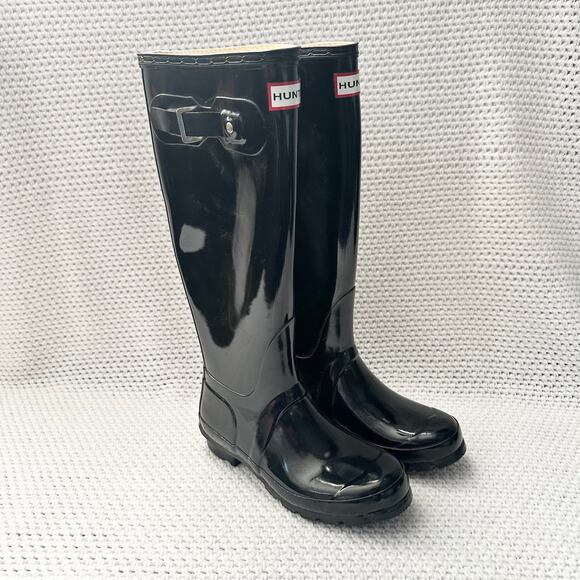 Hunter Tall Black High Gloss Women Slip On Rain Boots Classic Essential Size 5 - Picture 2 of 12